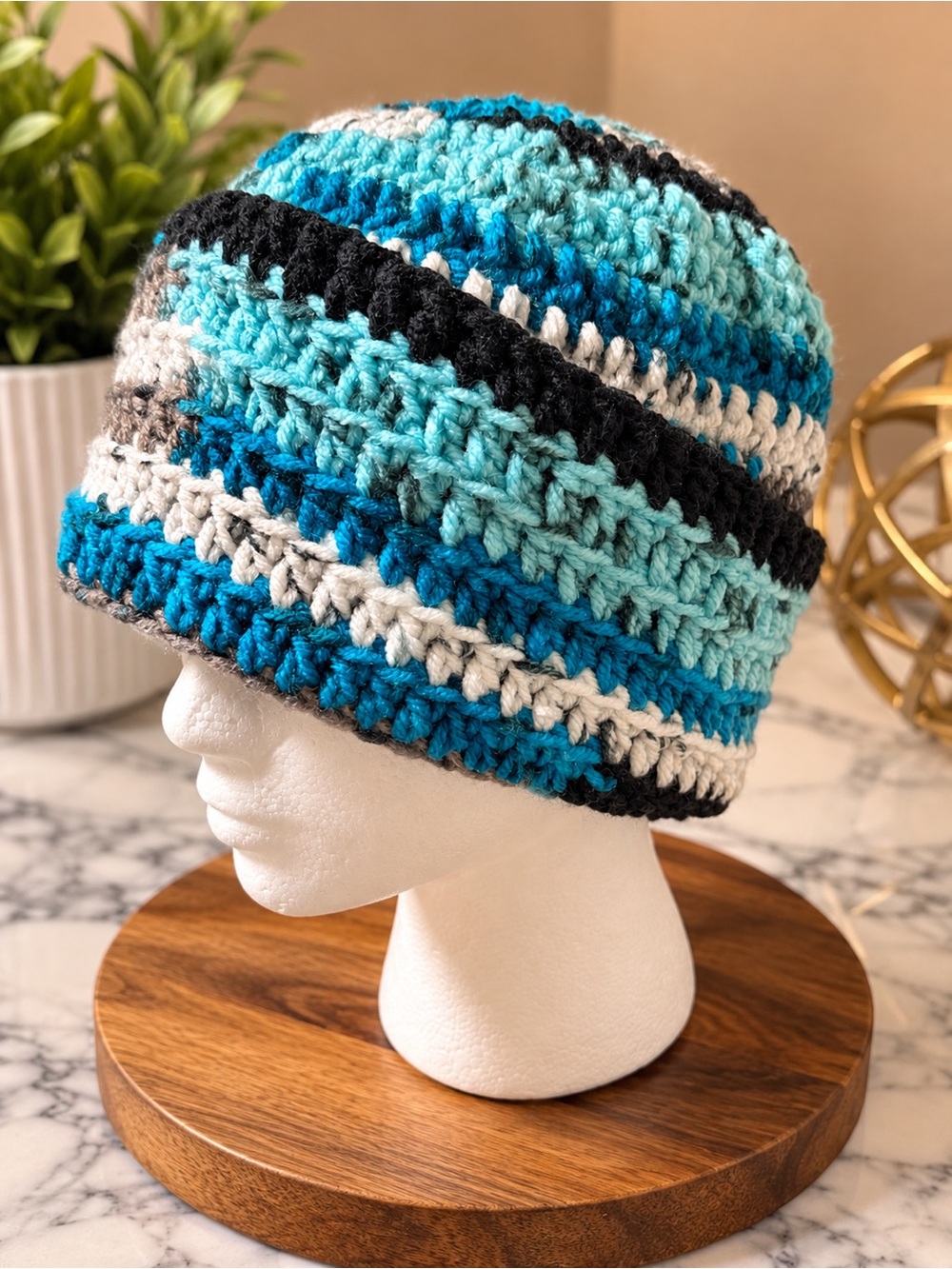 Handmade Crochet Beanie - Teal, Blue & Black